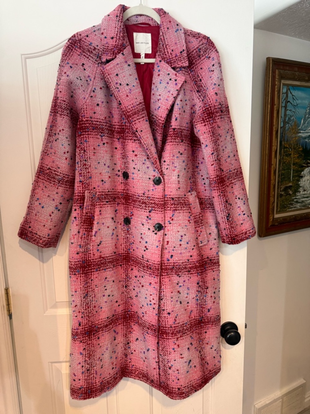 Avec Les Filles Pink Plaid Double-Breasted Tweed Pea Coat